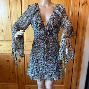 Vici Floral Dress Size L Flowy Fairy Whimsigoth Ties Black Brown Ruffles Chiffon